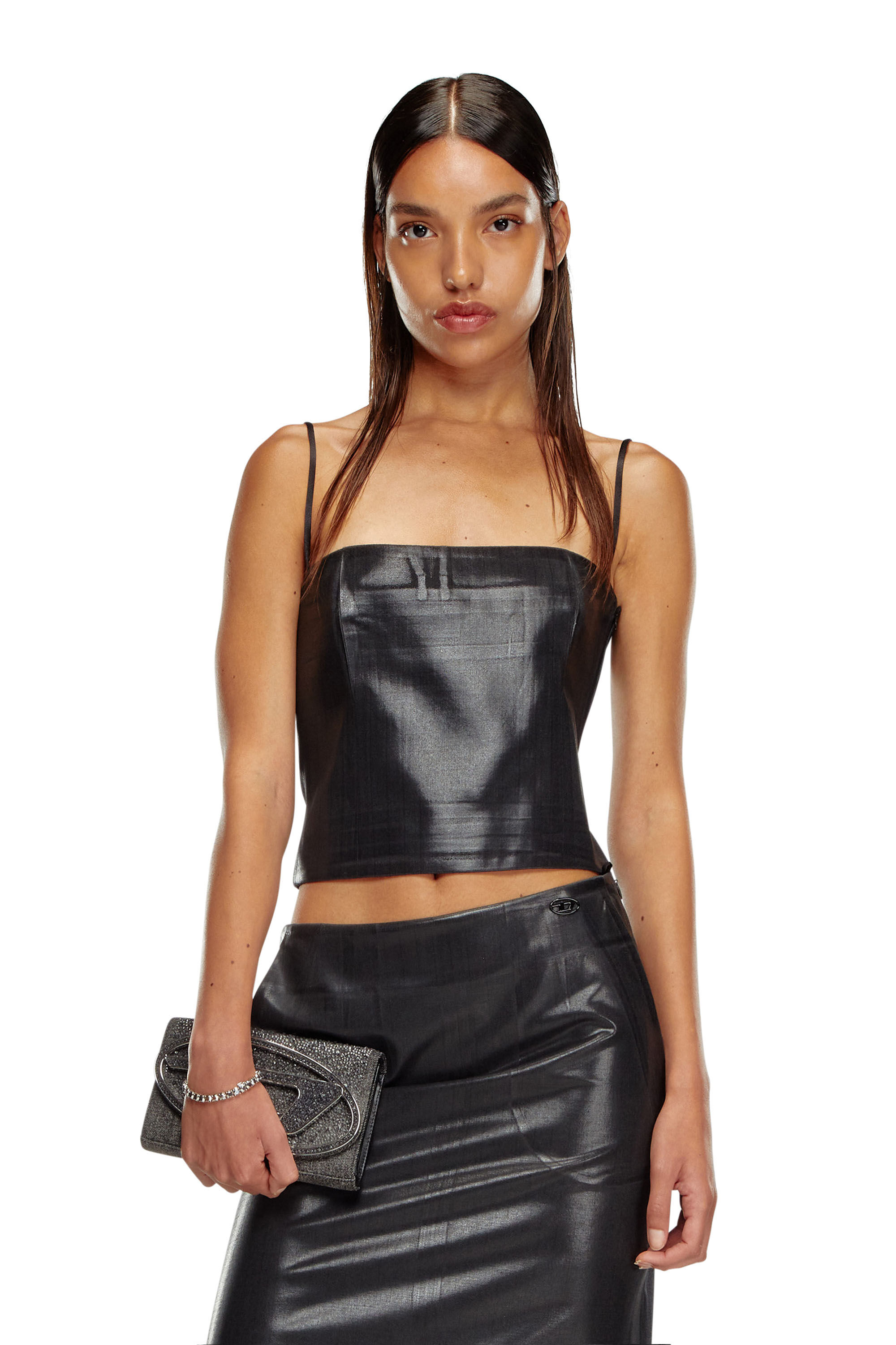 Diesel - T-REASURE, Woman's Pinstripe cami with coated front in Black/Grey - 3