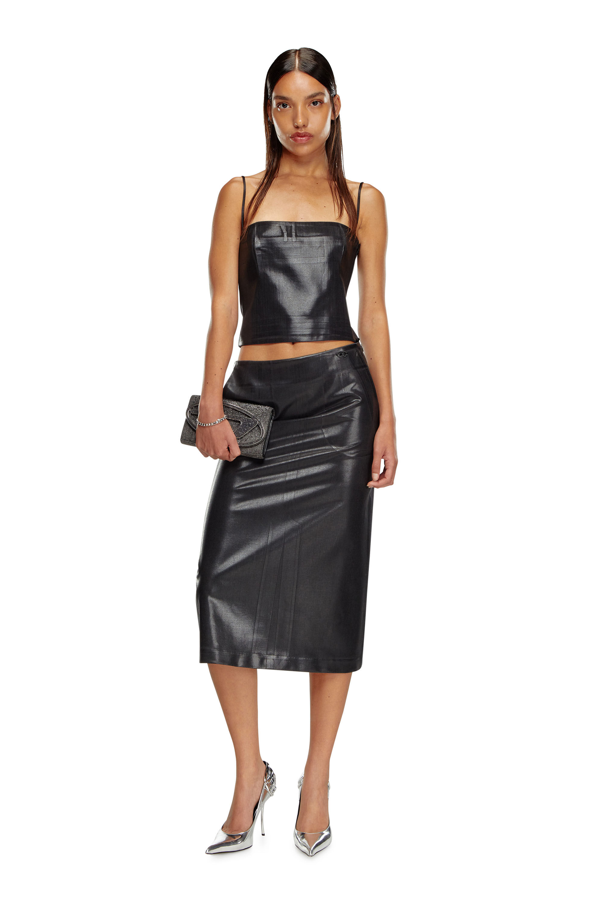 Diesel - T-REASURE, Woman's Pinstripe cami with coated front in Black/Grey - 1