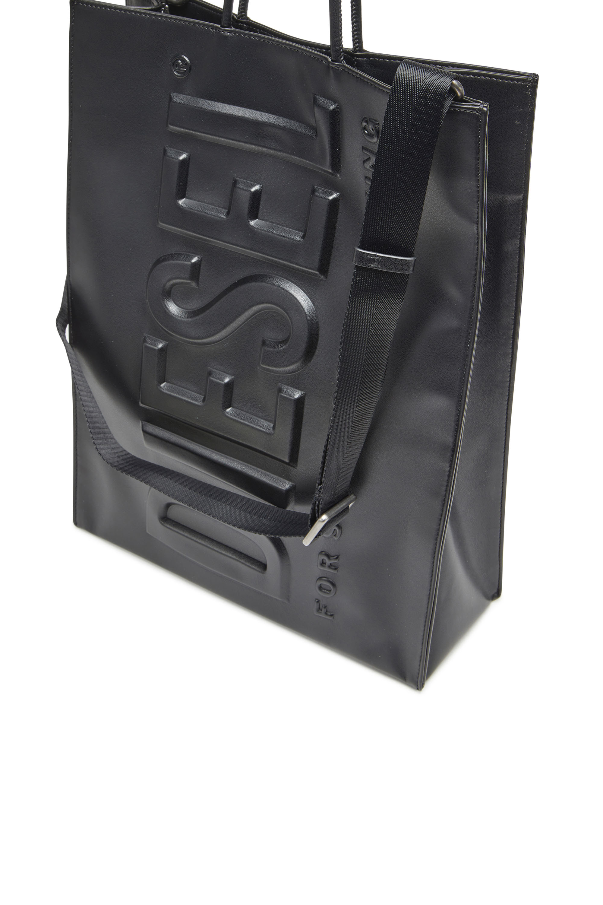 Diesel - DSL 3D SHOPPER L X, Man's Dsl 3D L-Large PU tote bag with embossed logo in Black - 5