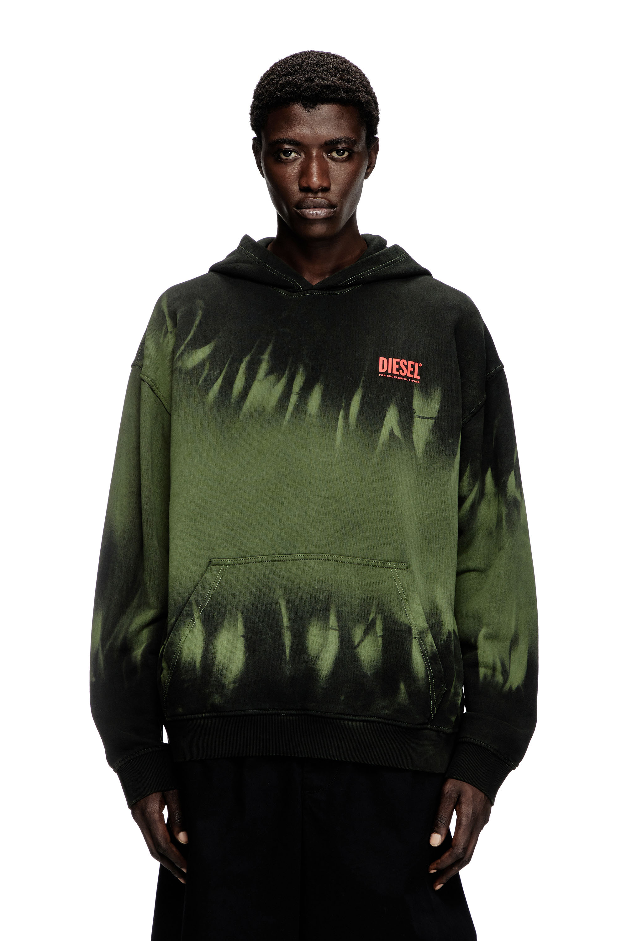 Diesel - S-BOXT-HOOD-R2, Man's Tie-dyed hoodie with logo print in Black/Green - 2