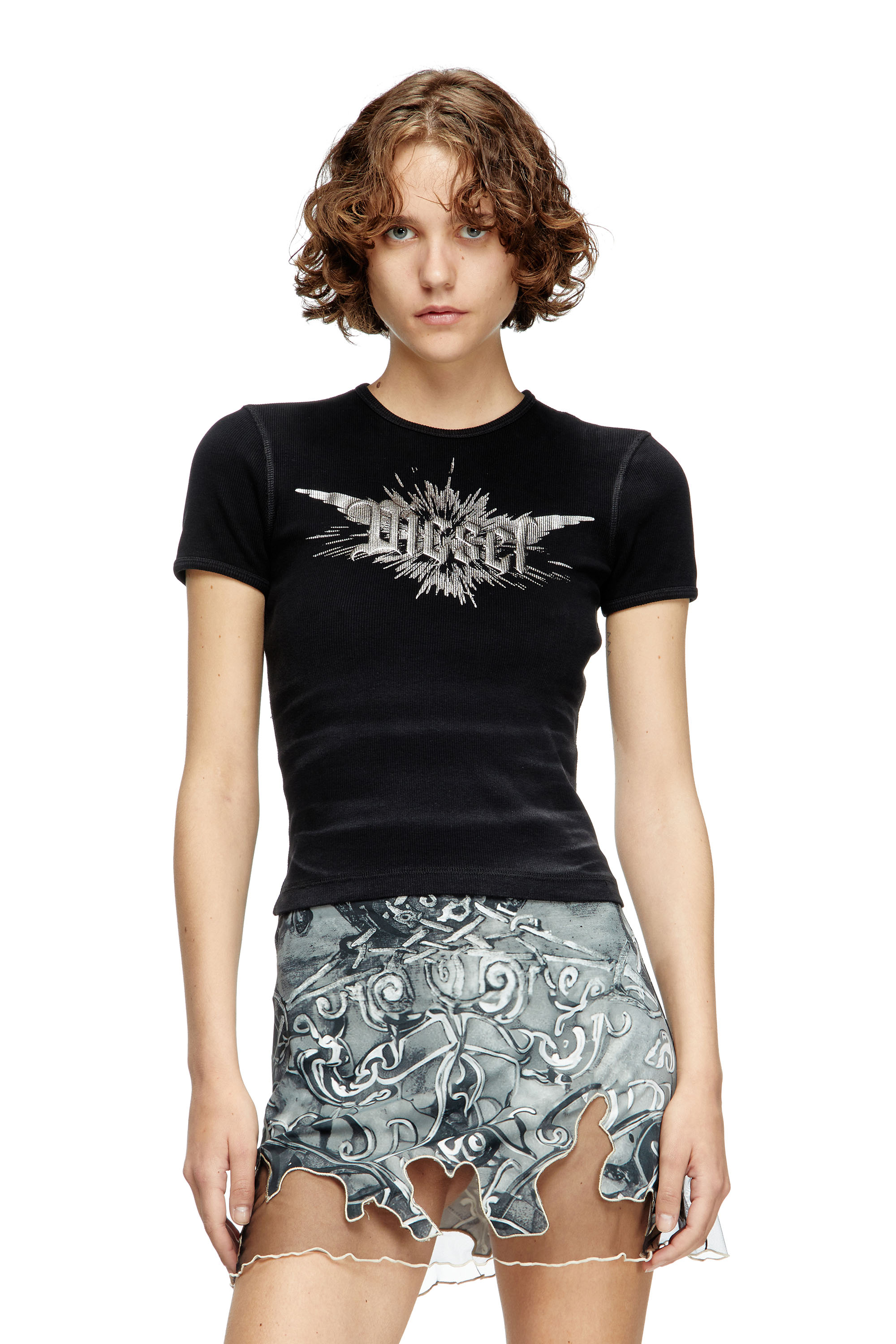 Diesel - T-ELE-LONG-P2, Woman's T-shirt with winged Diesel foil print in Black - 2