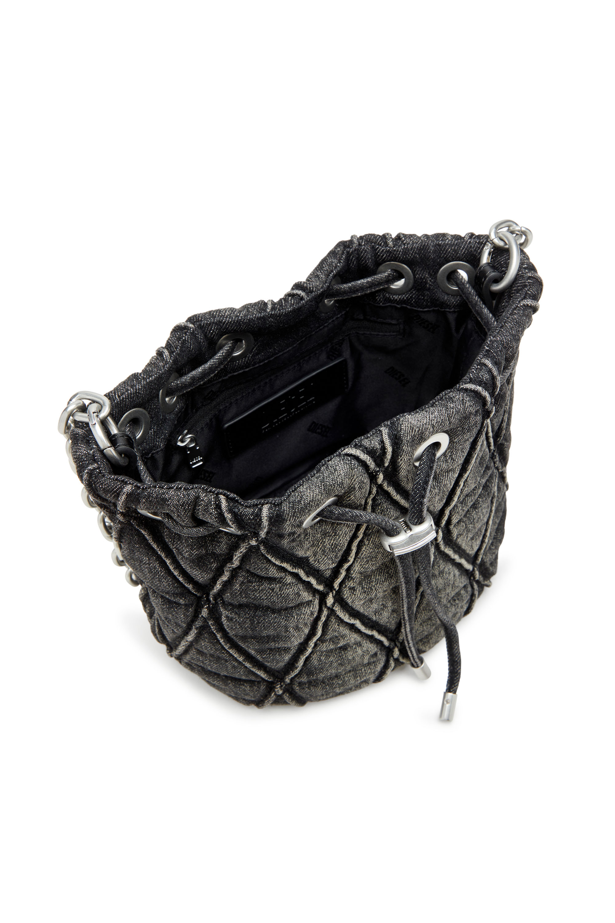 Diesel - CHARM-D BUCKET S, Woman's Charm-D S-Mini bucket bag in treated quilted denim in Black - 4