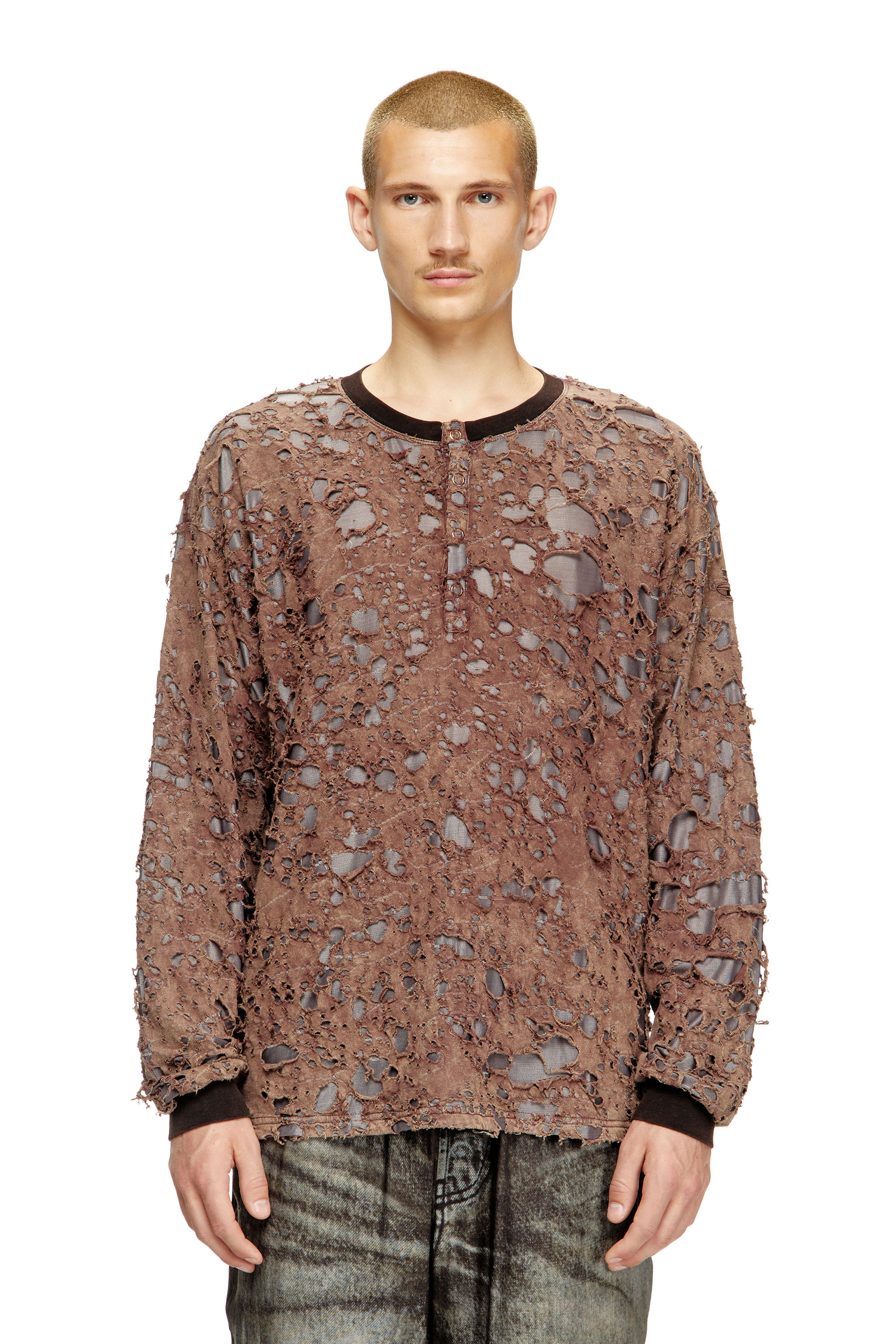 Diesel - T-OVERT, Man's Long-sleeve T-shirt in destroyed jersey in Brown - 1