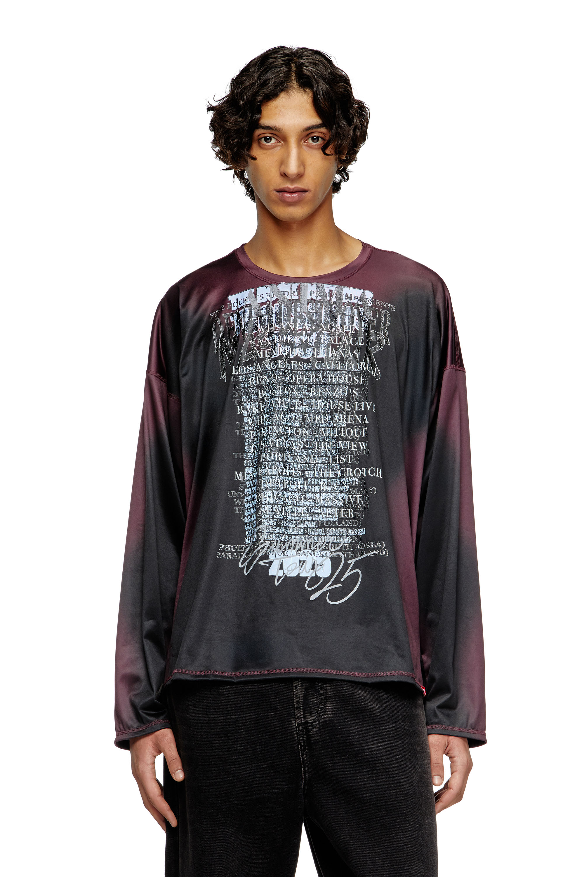 Diesel - T-OLAVI-AA, Unisex's Long-sleeve tech-jersey T-shirt with lyrics print in Black/Violet - 2