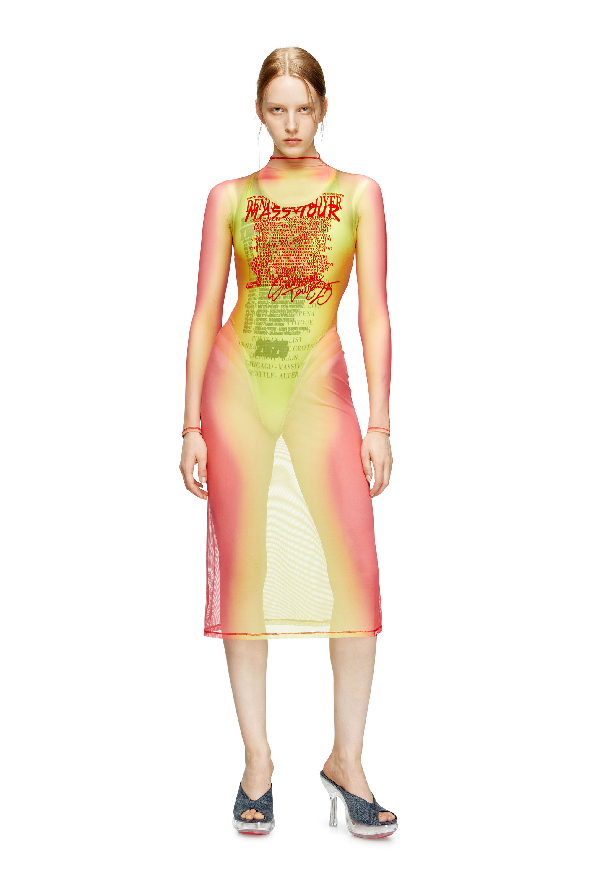 Diesel - D-AFNIC, Woman's Layered midi dress with lyrics print in Pink/Green - 2