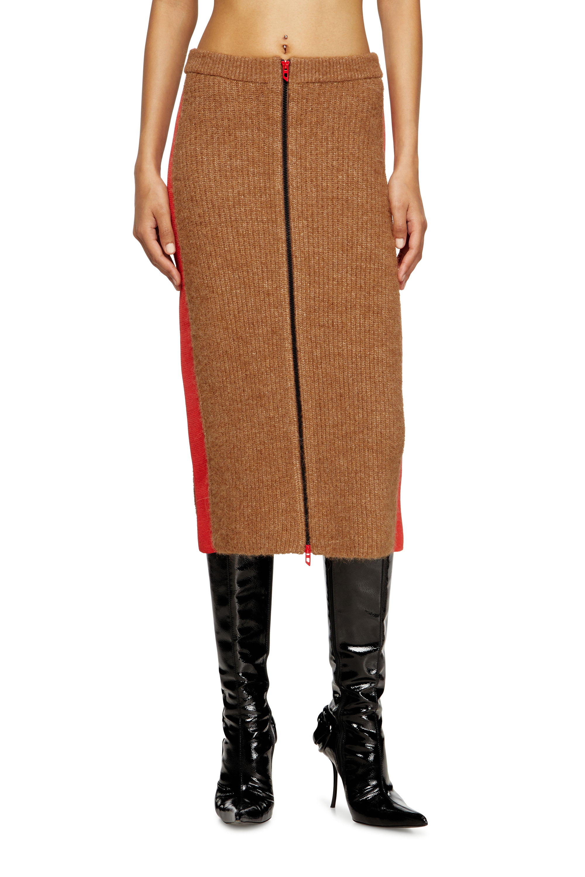 Diesel - M-LOUSI, Woman's Midi skirt in alpaca with front zipper in Brown - 2