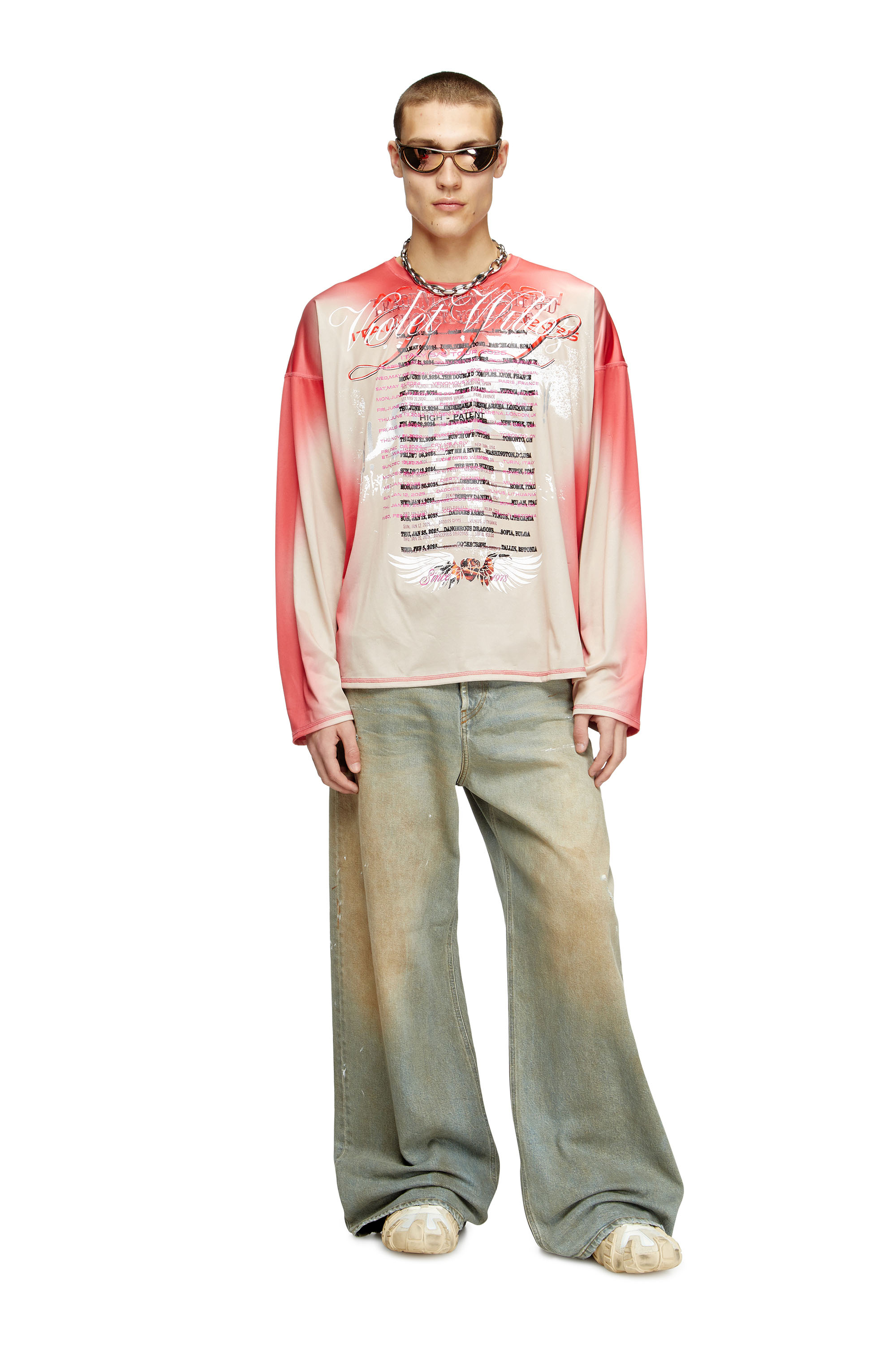 Diesel - T-OLAVI-BB, Unisex's Long-sleeve tech-jersey T-shirt with lyrics print in Pink - 1