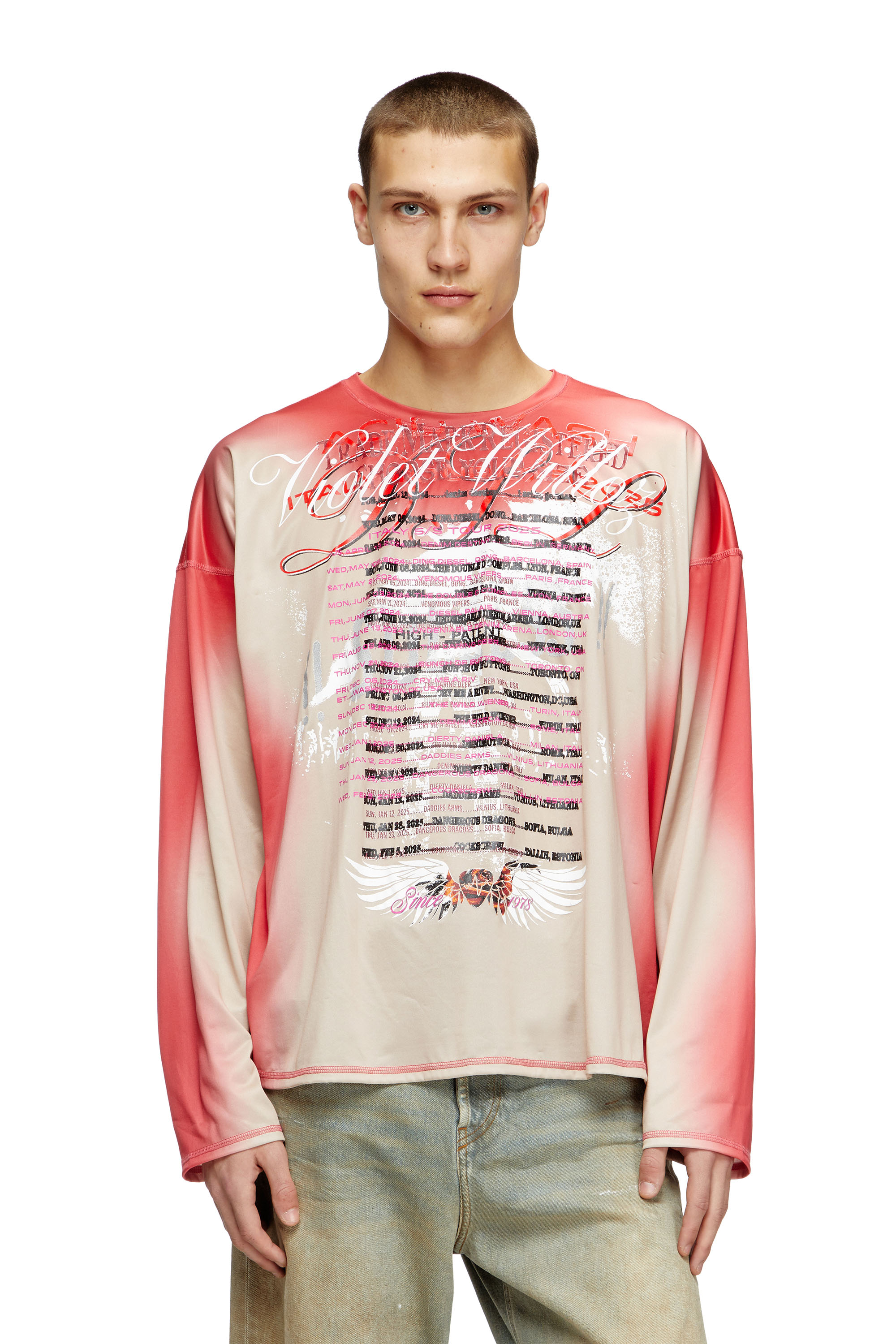 Diesel - T-OLAVI-BB, Unisex's Long-sleeve tech-jersey T-shirt with lyrics print in Pink - 2