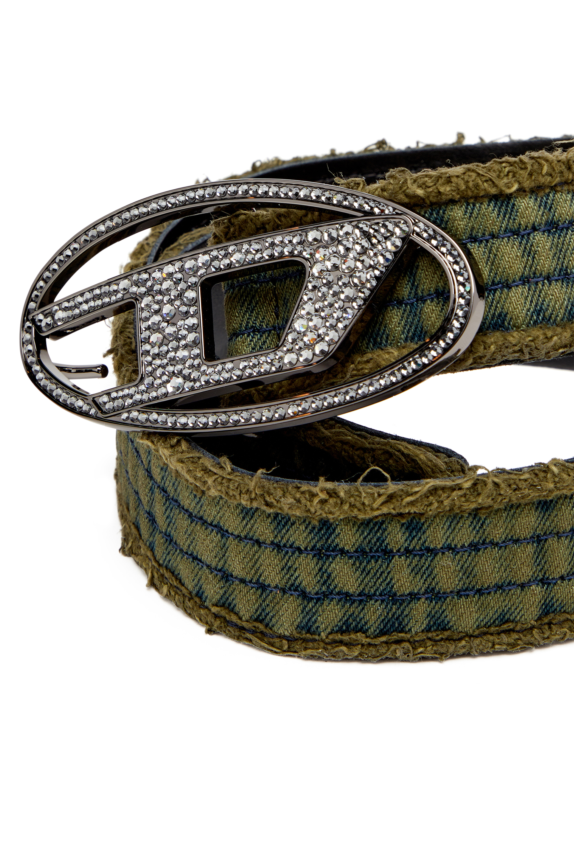 Diesel - B-1DR STRASS, Woman's Denim and leather belt with crystal buckle in Military Green - 3