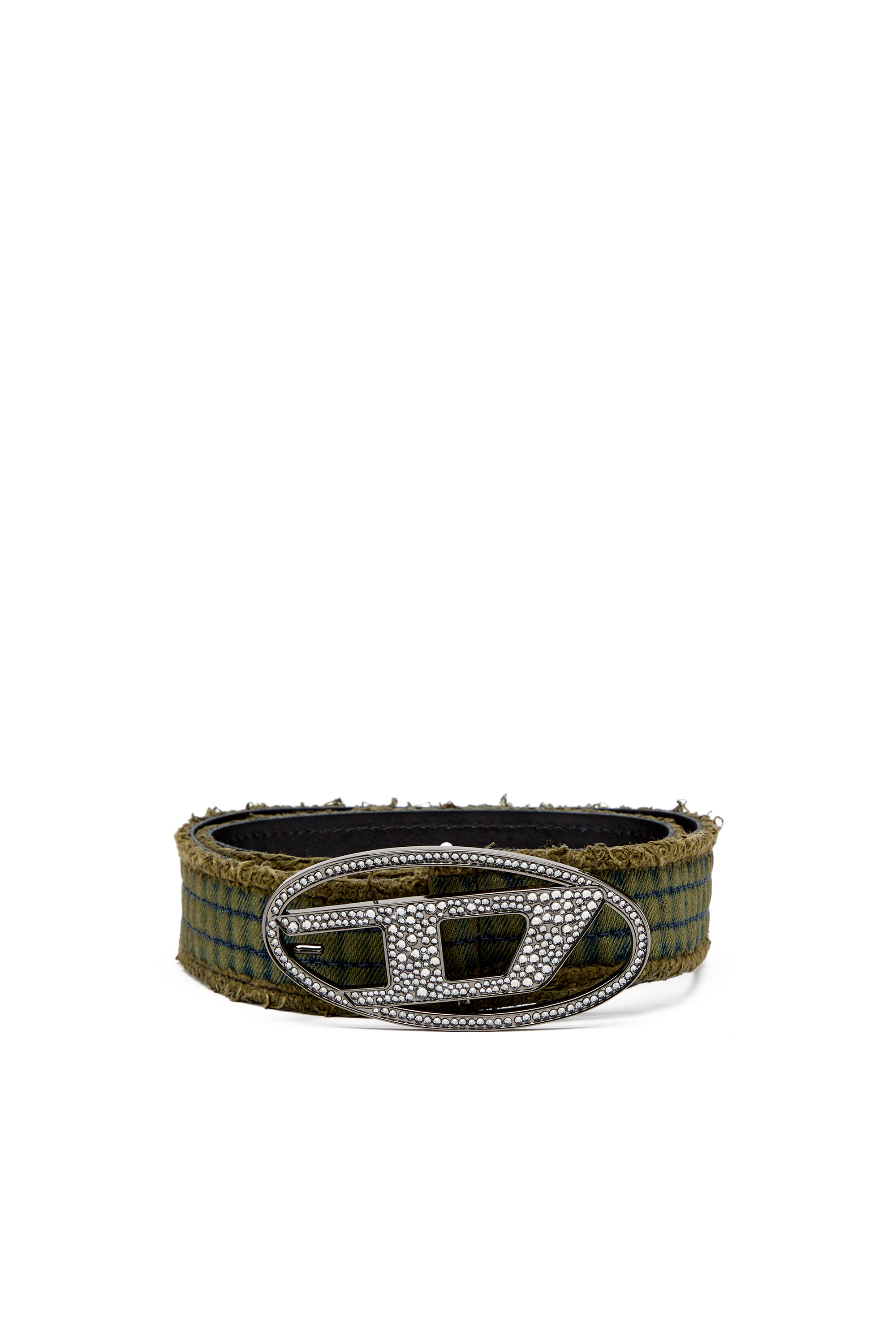 Diesel - B-1DR STRASS, Woman's Denim and leather belt with crystal buckle in Military Green - 1