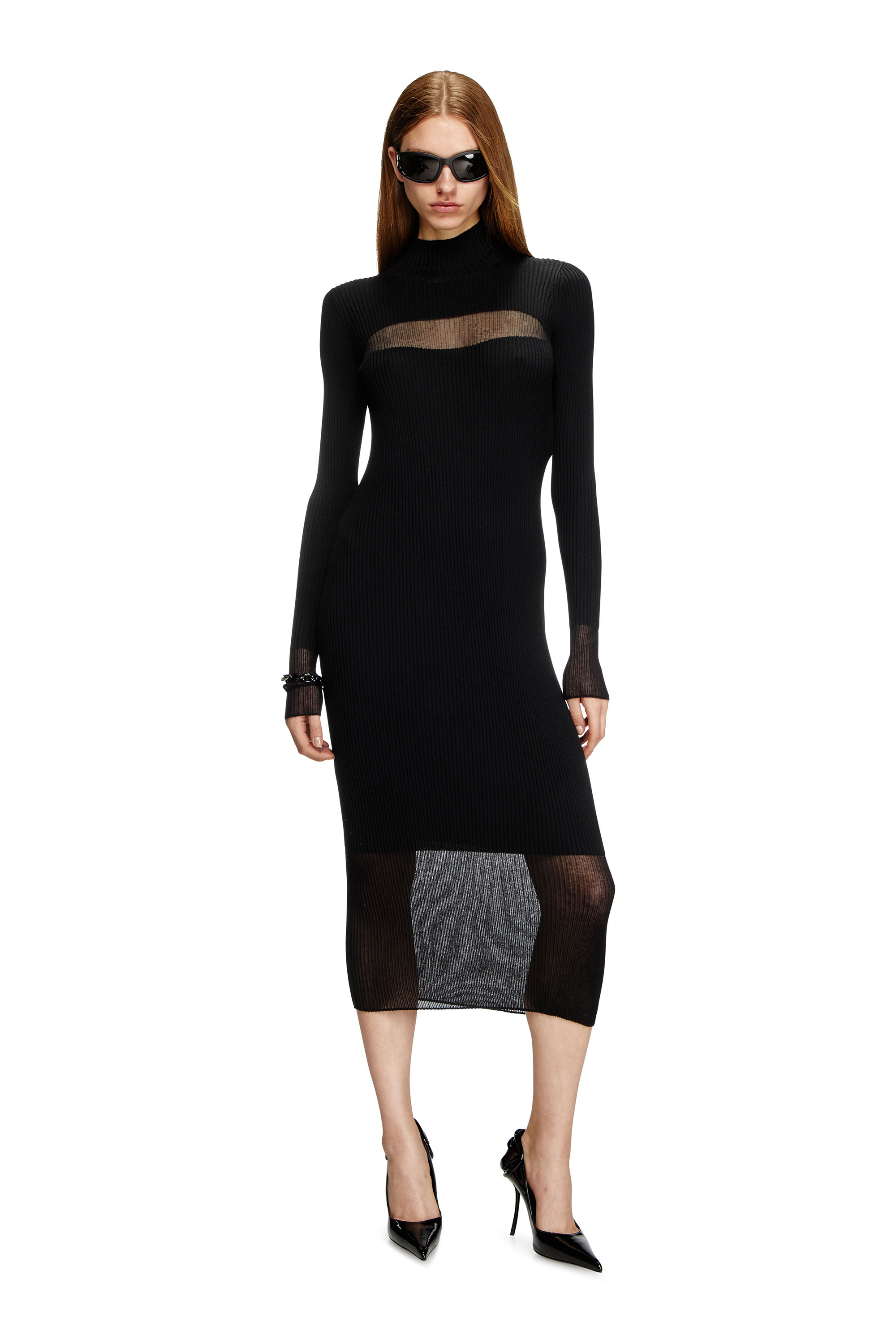 Diesel - M-SLINT, Woman's Rib-knit midi dress with sheer panels in Black - 2