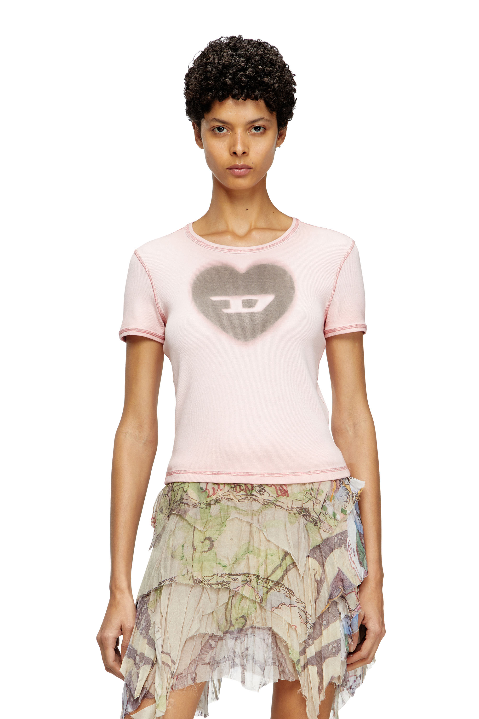 Diesel - T-ELE, Woman's Ribbed T-shirt with watercolour heart D in Face Powder - 1