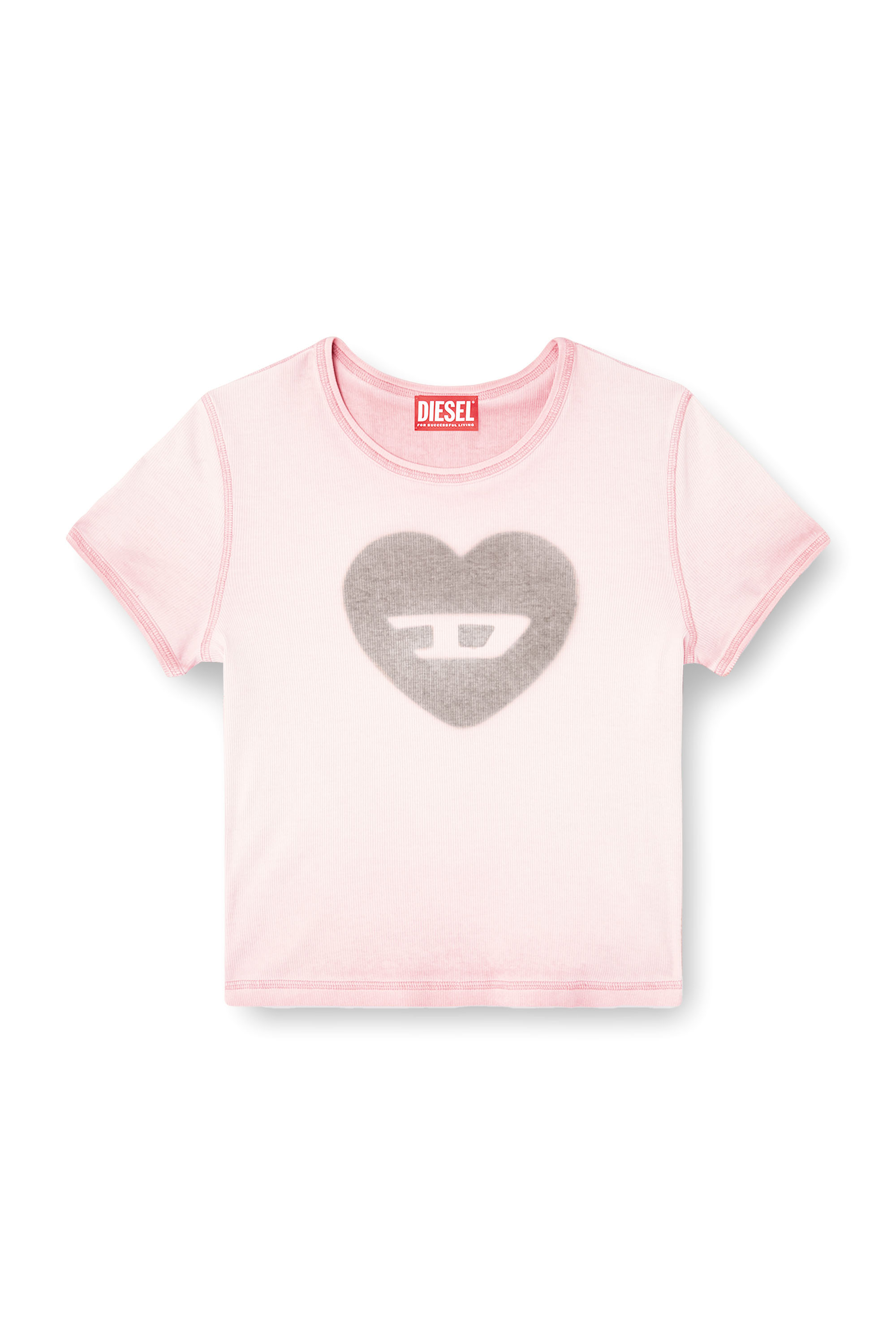 Diesel - T-ELE, Woman's Ribbed T-shirt with watercolour heart D in Face Powder - 3