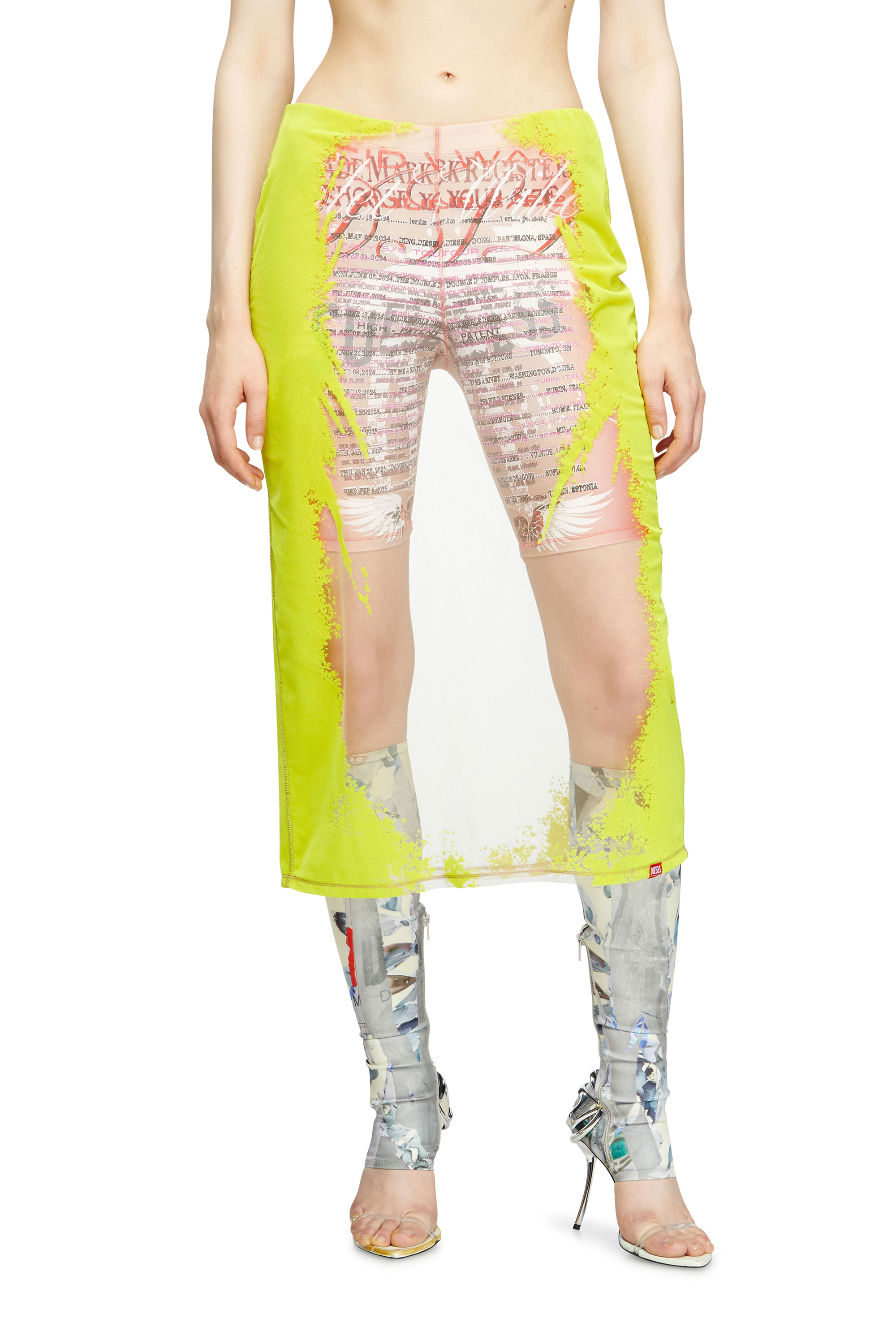 Diesel - O-LYAC, Woman's Layered midi skirt with lyrics print in Yellow/Pink - 2