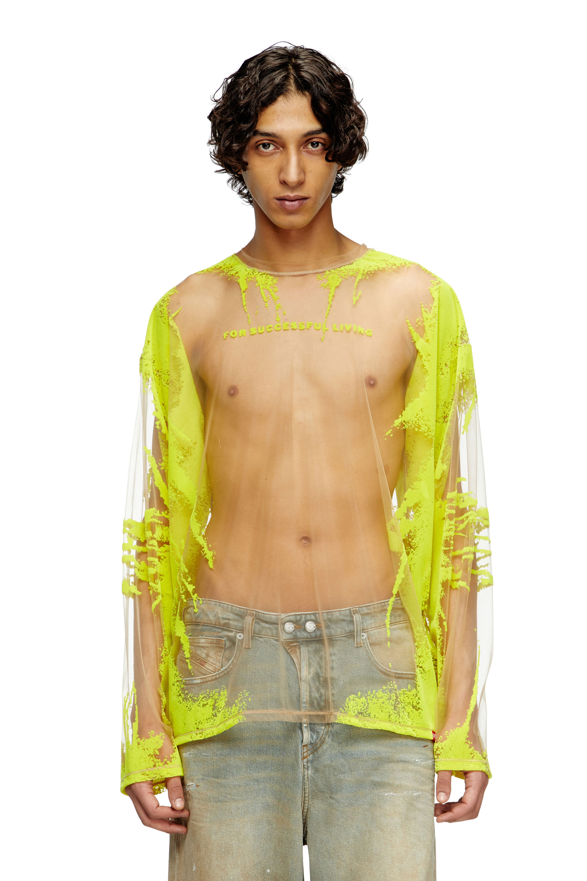 Diesel - T-HASSAN-LS-A, Unisex's Long-sleeve nylon T-shirt with lyrics print in Yellow - 1