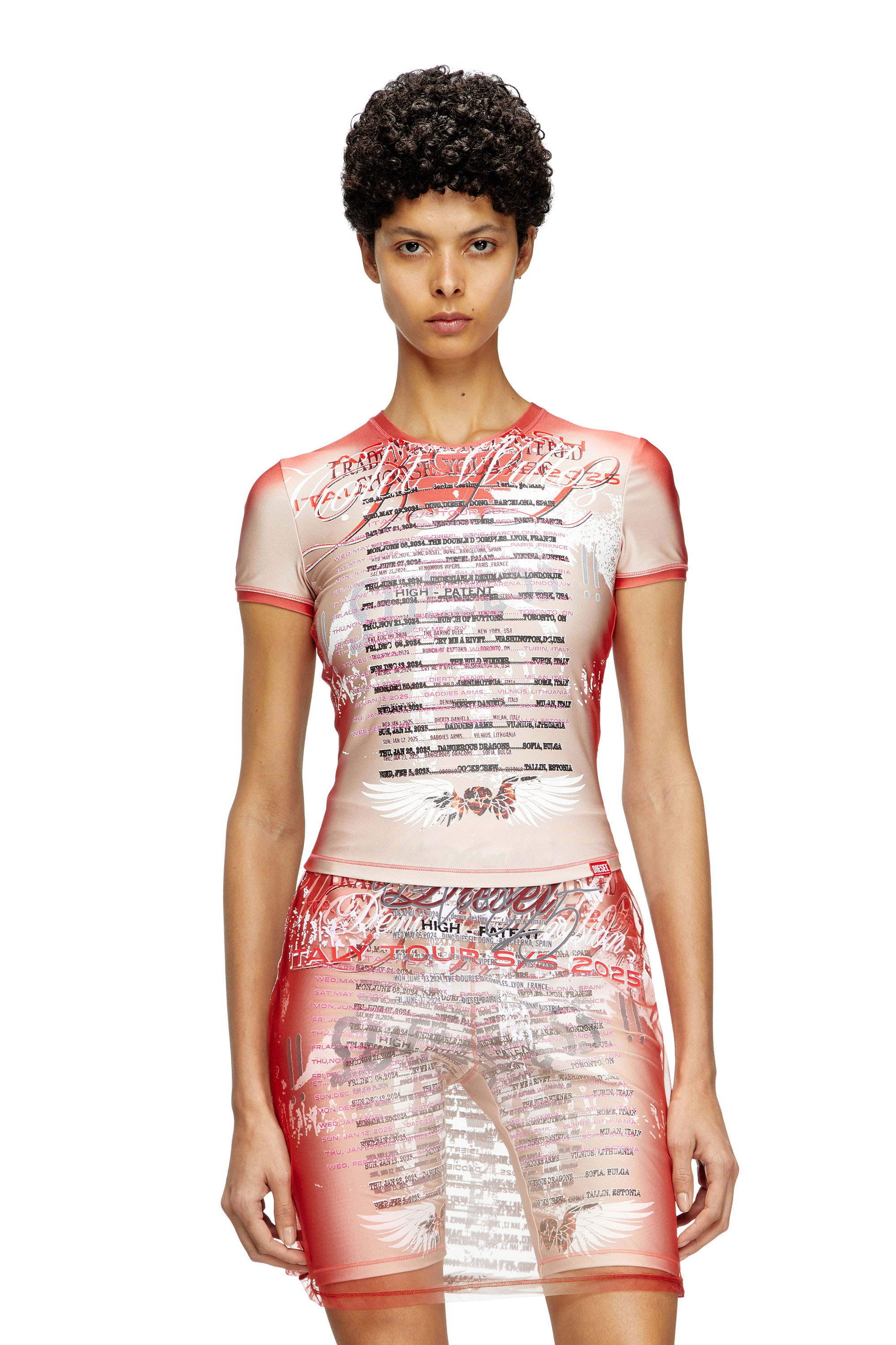 Diesel - T-KALYC-1, Woman's Sheer T-shirt with lyrics print in Pink - 1