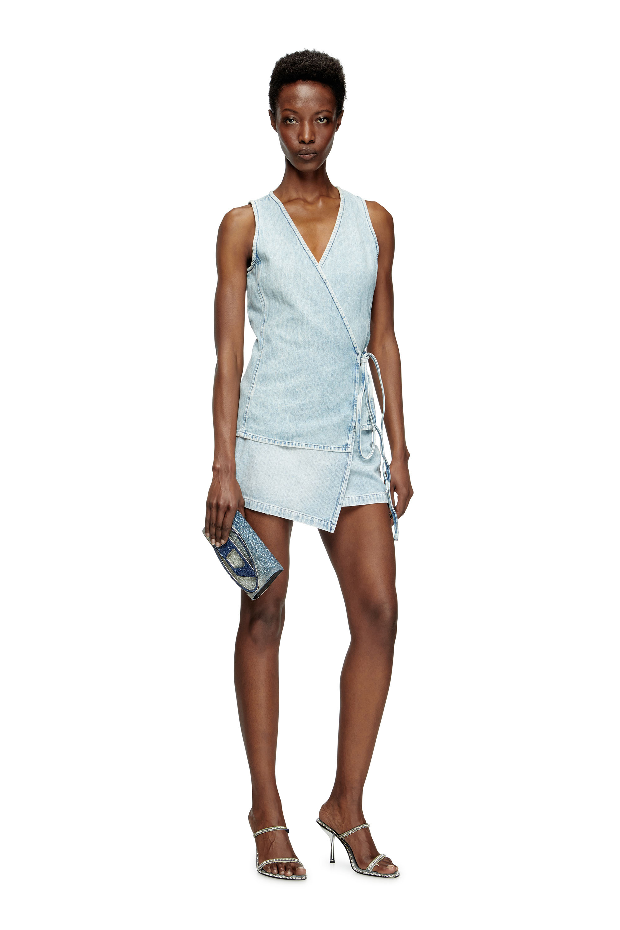 Diesel - DE-LEM-MINI, Woman's Short wrap skirt in herringbone denim in Light Blue - 2