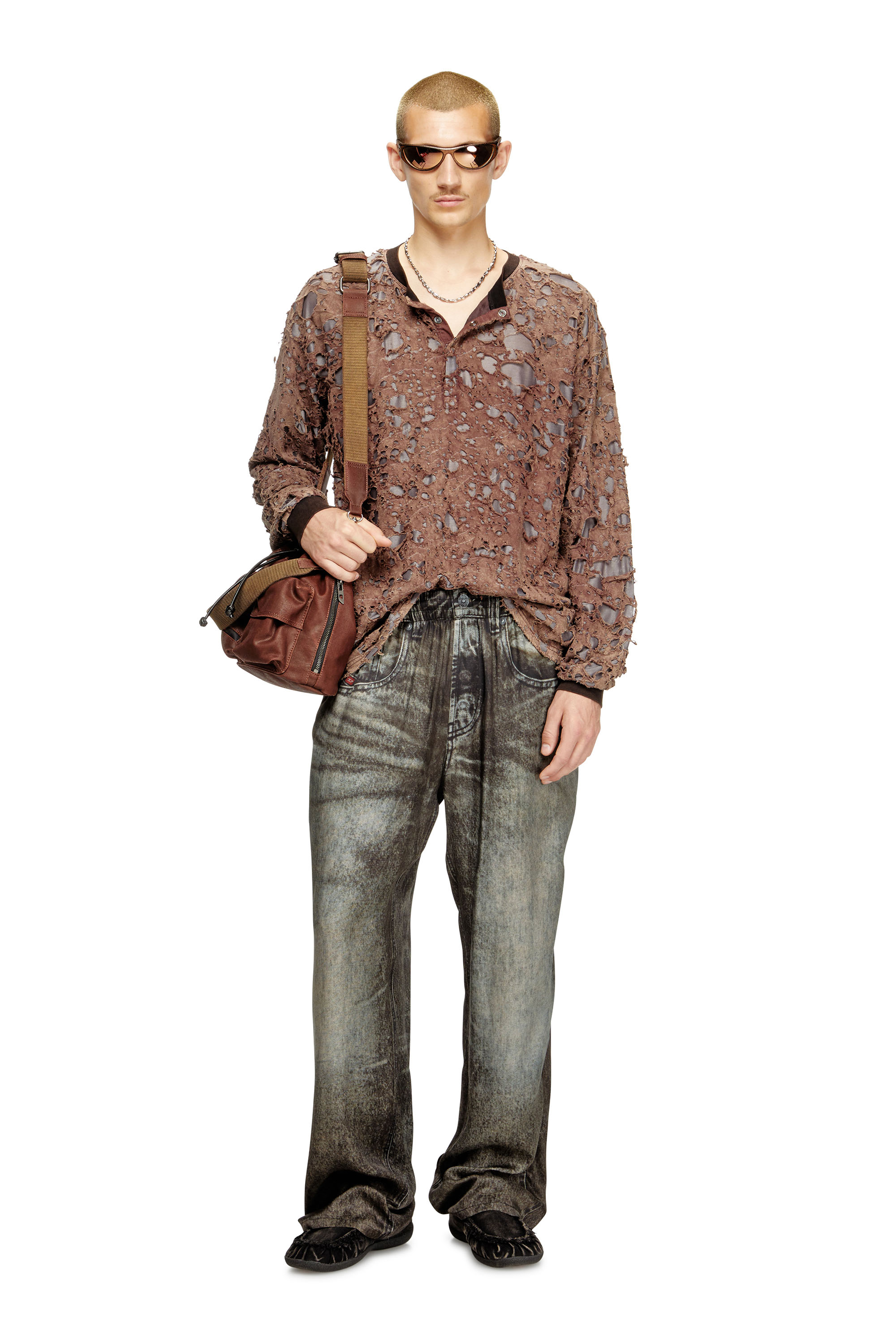 Diesel - T-OVERT, Man's Long-sleeve T-shirt in destroyed jersey in Brown - 2
