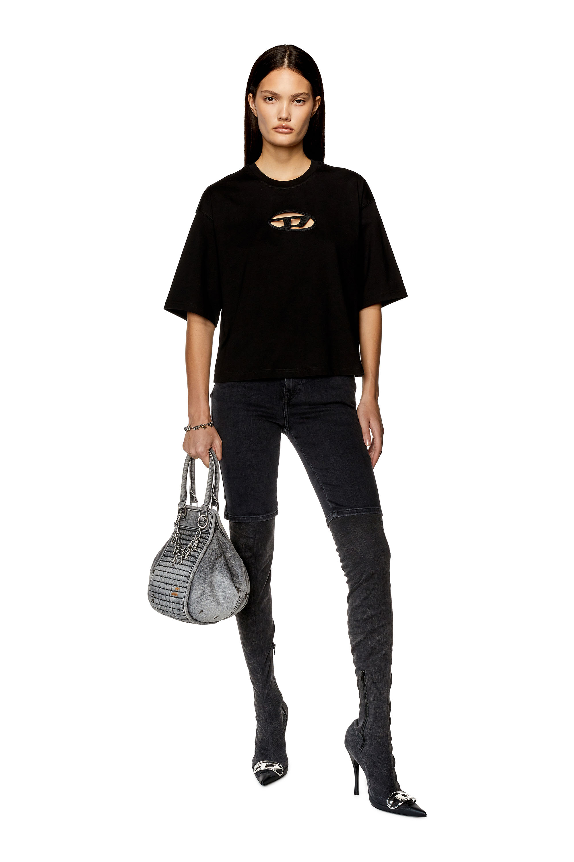 Diesel - T-ROWY-OD, Woman's Boxy T-shirt with embroidered D in Black - 2