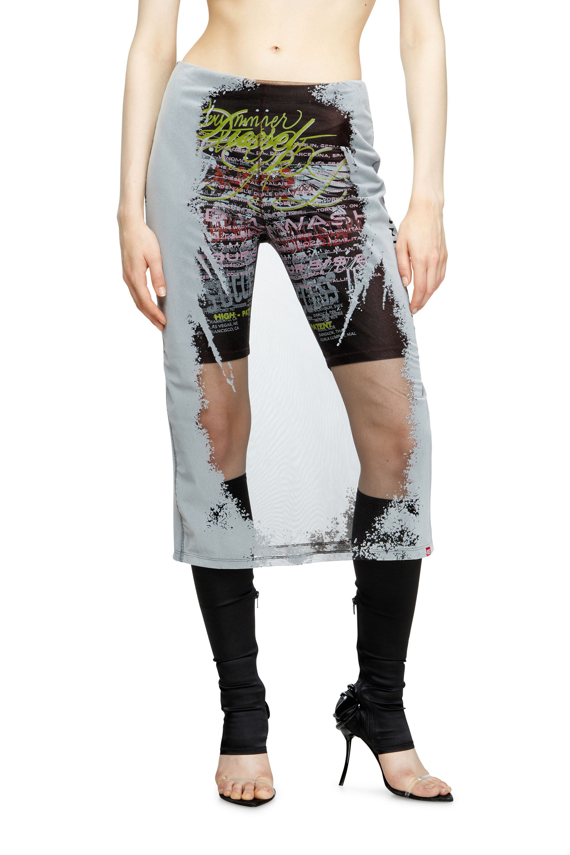 Diesel - O-LYAC, Woman's Layered midi skirt with lyrics print in Black/Grey - 2