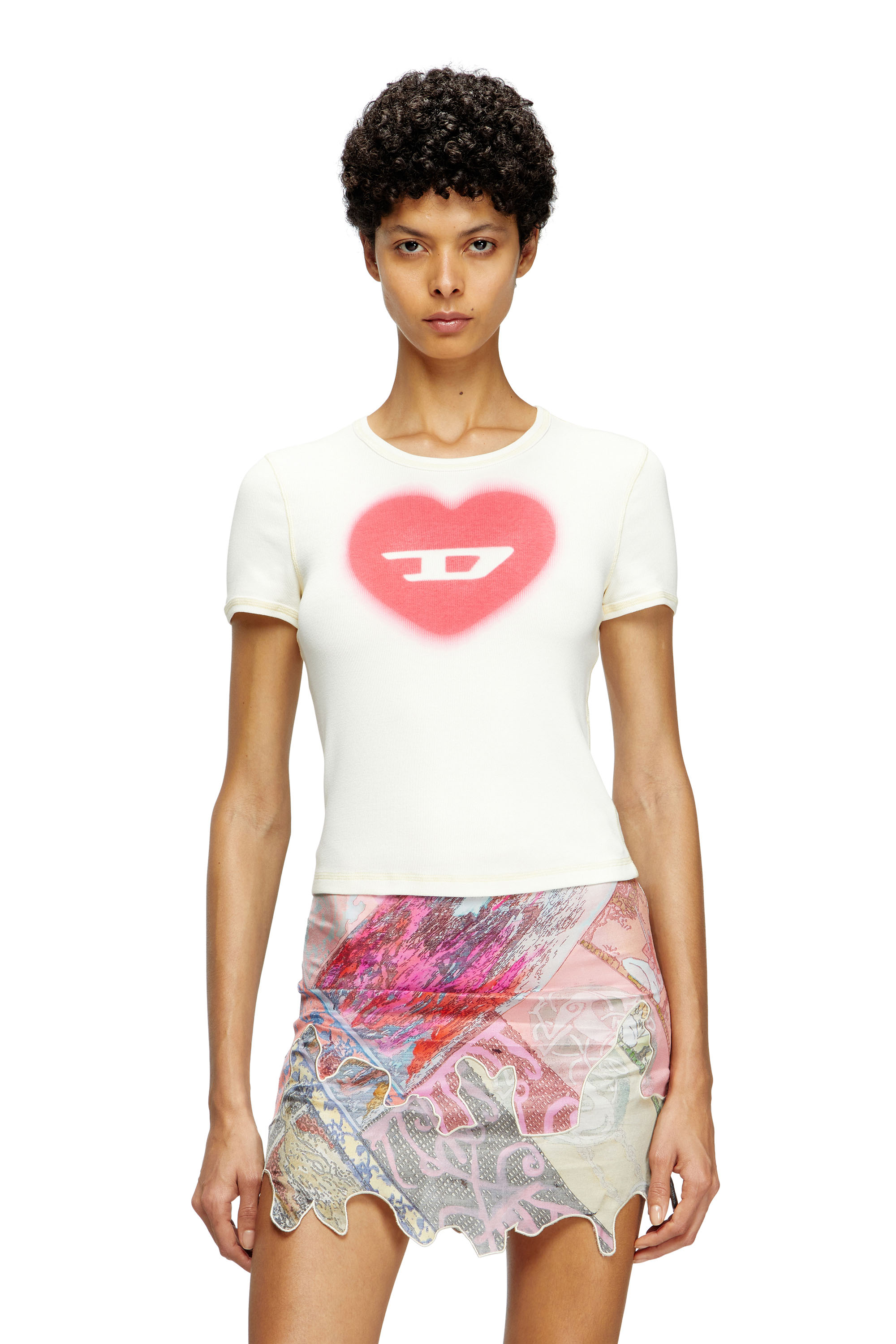 Diesel - T-ELE, Woman's Ribbed T-shirt with watercolour heart D in White - 1
