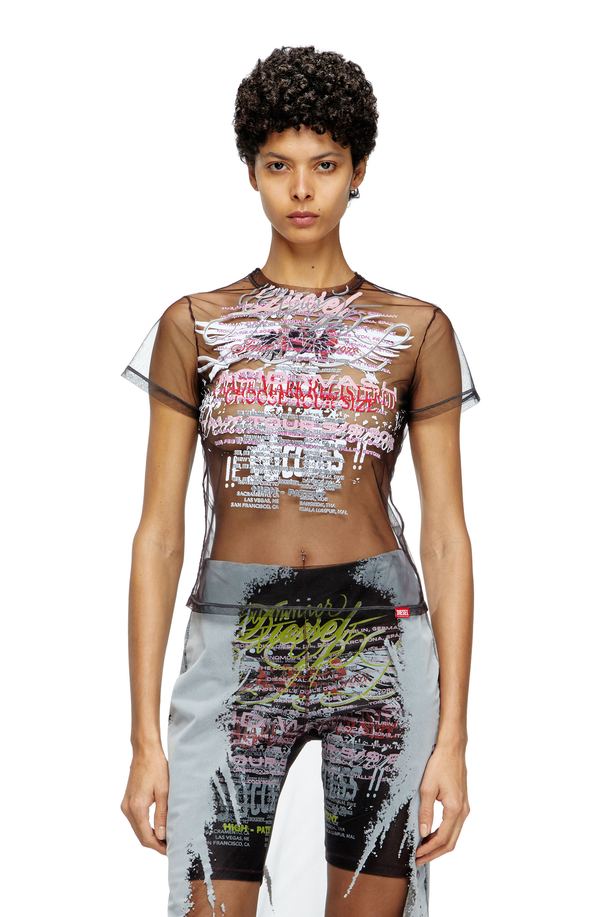 Diesel - T-YRAC, Woman's Sheer top with lyrics print in Black - 2
