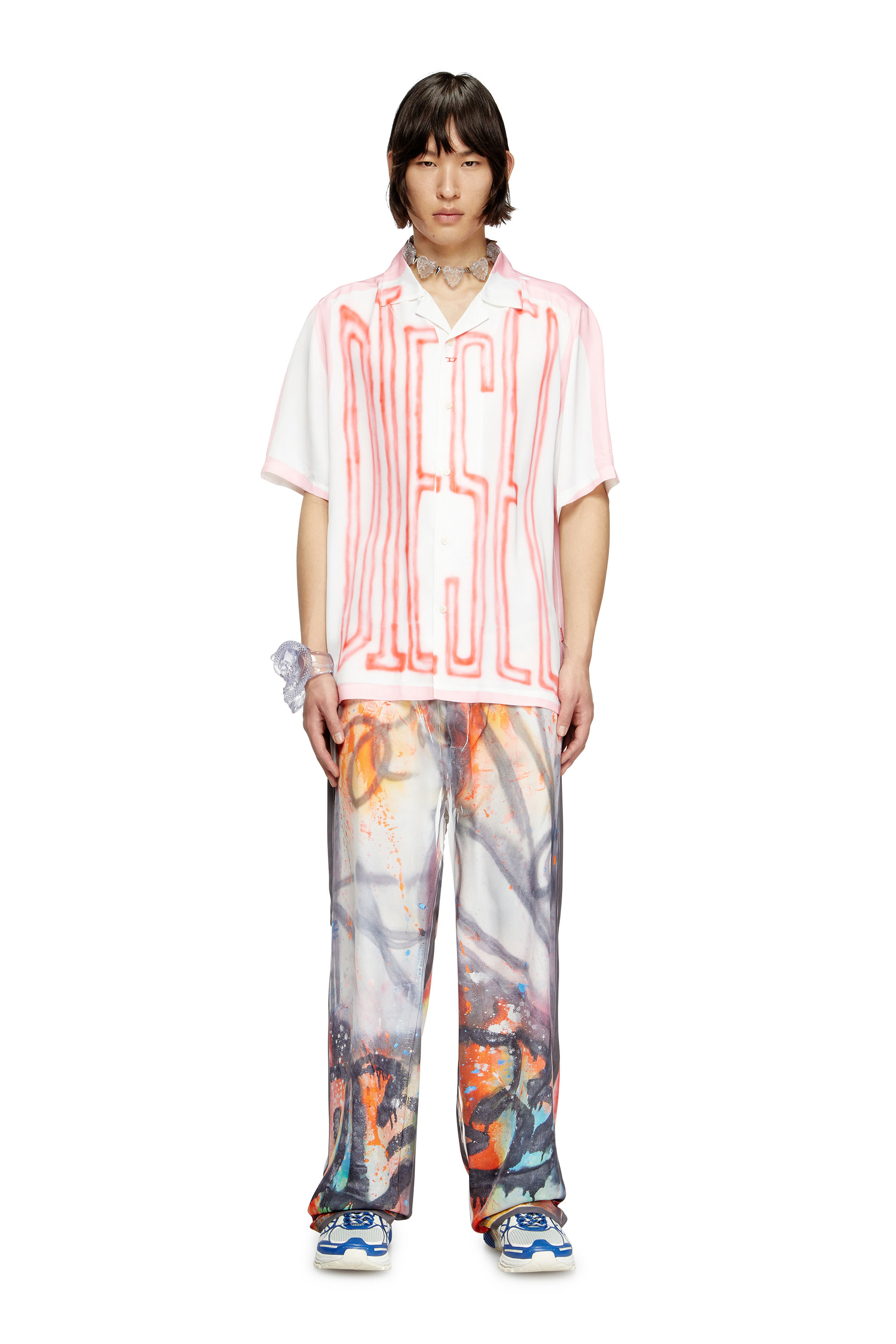 Diesel - C-PAROSHORT-GRAFFITI-FRA, Unisex's Satin bowling shirt with graffiti logo in Pink/White - 2