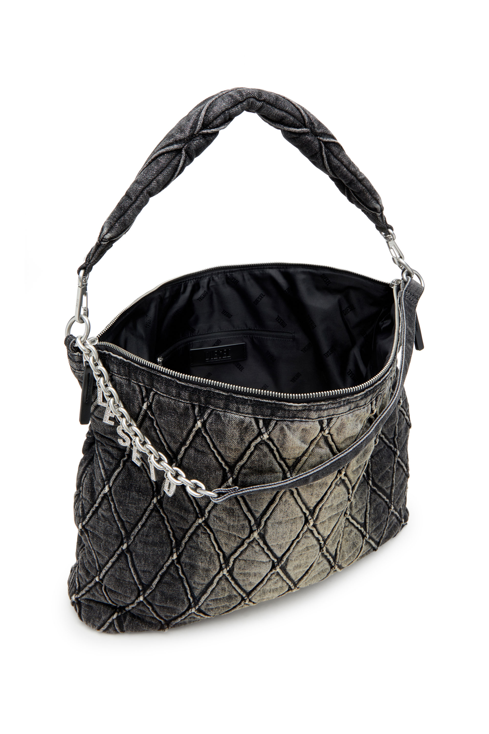 Diesel - CHARM-D HOBO, Woman's Charm-D-Large hobo in treated quilted denim in Black - 4