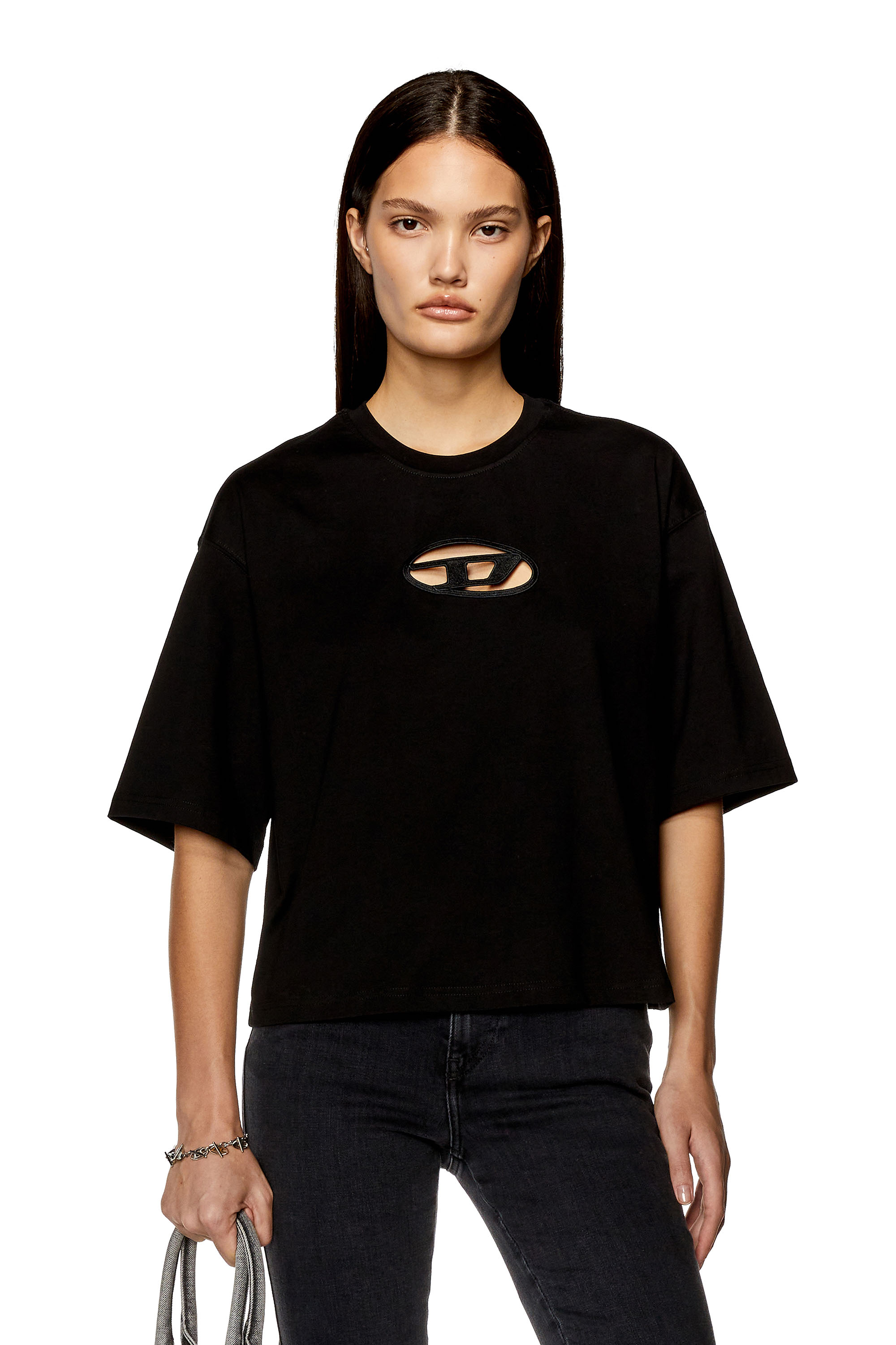 Diesel - T-ROWY-OD, Woman's Boxy T-shirt with embroidered D in Black - 1